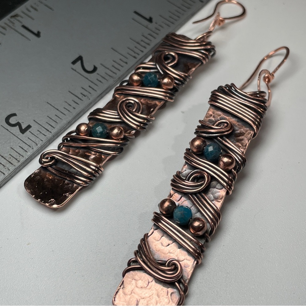 Long Copper and Teal Apatite Crystal Swirling Wire Wrapped Dangle Boho Earrings - Picture 6 of 11